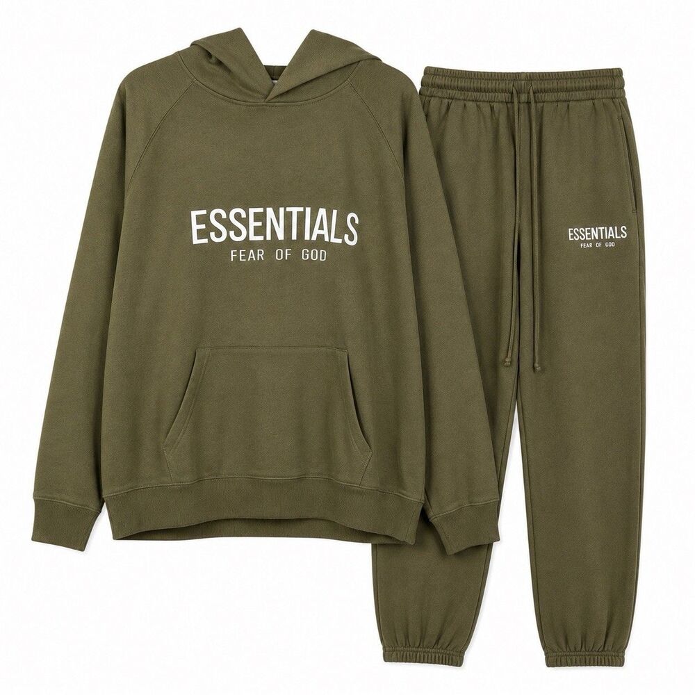 Fear of God Essentials Mens 2XL Olive Green Hoodie Jogger Sweatpants Set